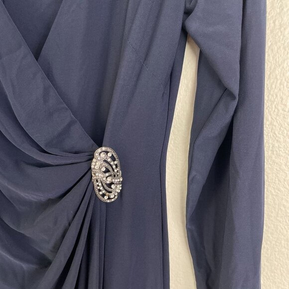 Chaps Womens 12 Navy Long Sleeve Evening Dress Rhinestone Accent Stretch - Picture 11 of 13